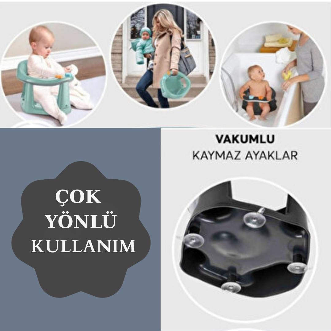 2'li Vakum Tabanlı Bebek Banyo, Mama Oturağı Ve Minderli Set Mavi renk
