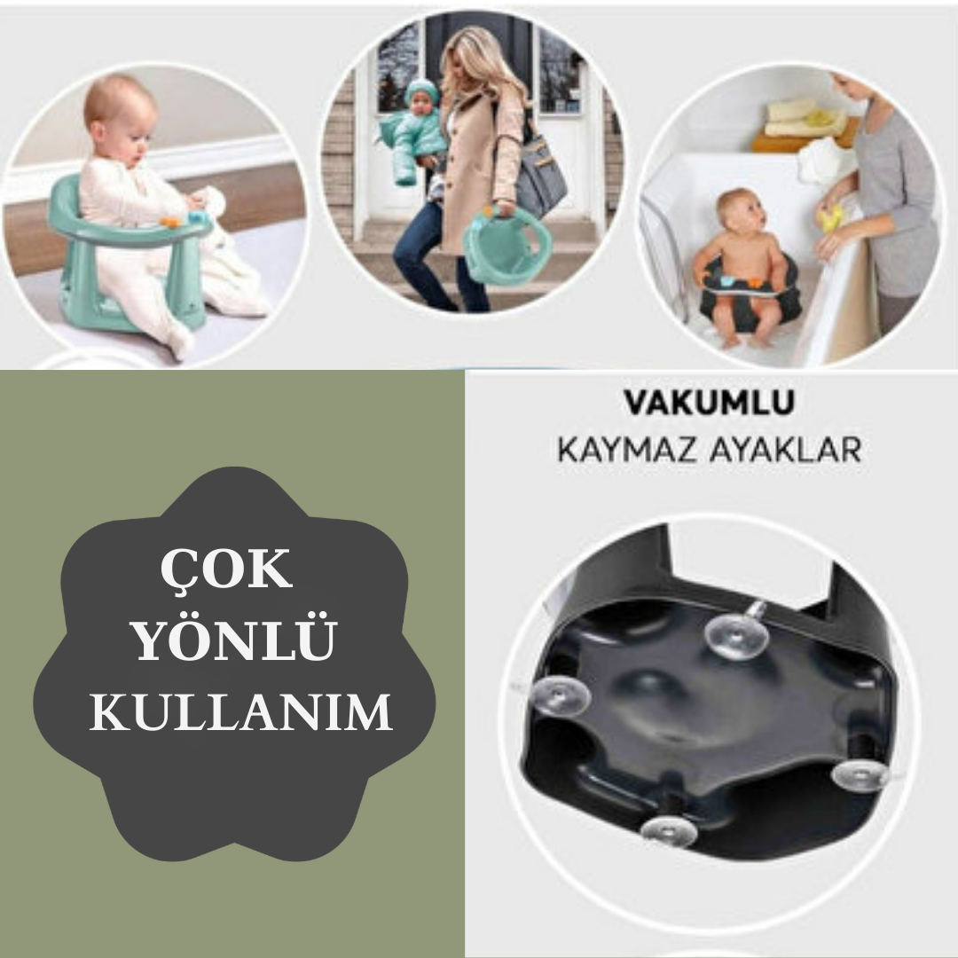 2'li Vakum Tabanlı Bebek Banyo, Mama Oturağı Ve Minderli Set Yeşil renk