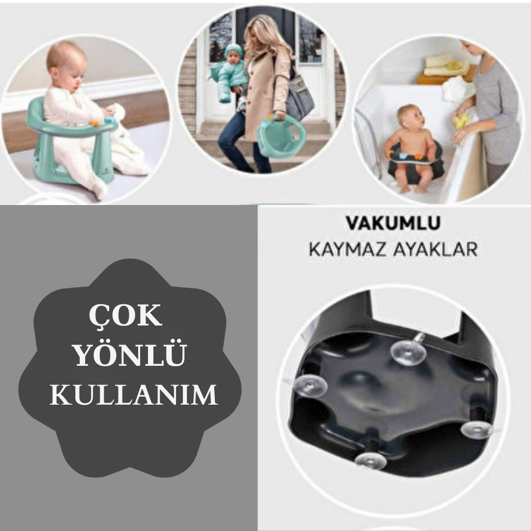 2'li Vakum Tabanlı Bebek Banyo, Mama Oturağı Ve Minderli Set Gri renk